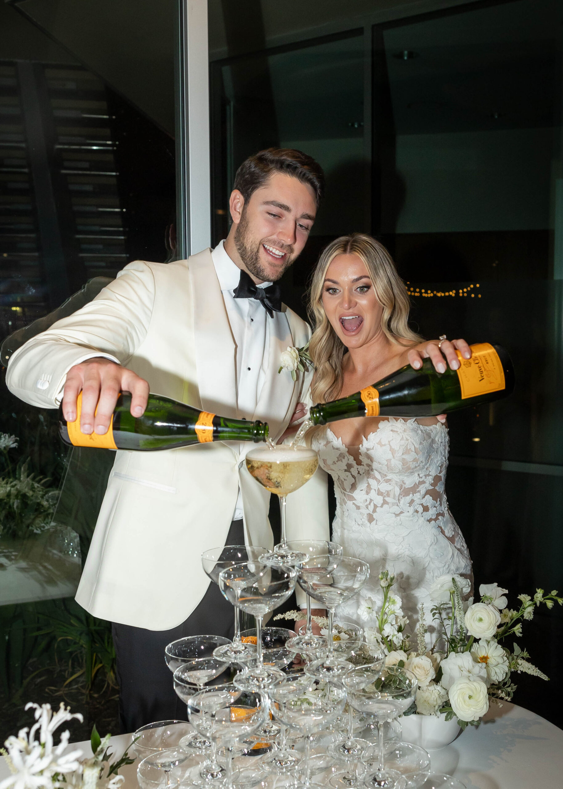 Bride’s second look with beaded party dress and saxophone grand entrance