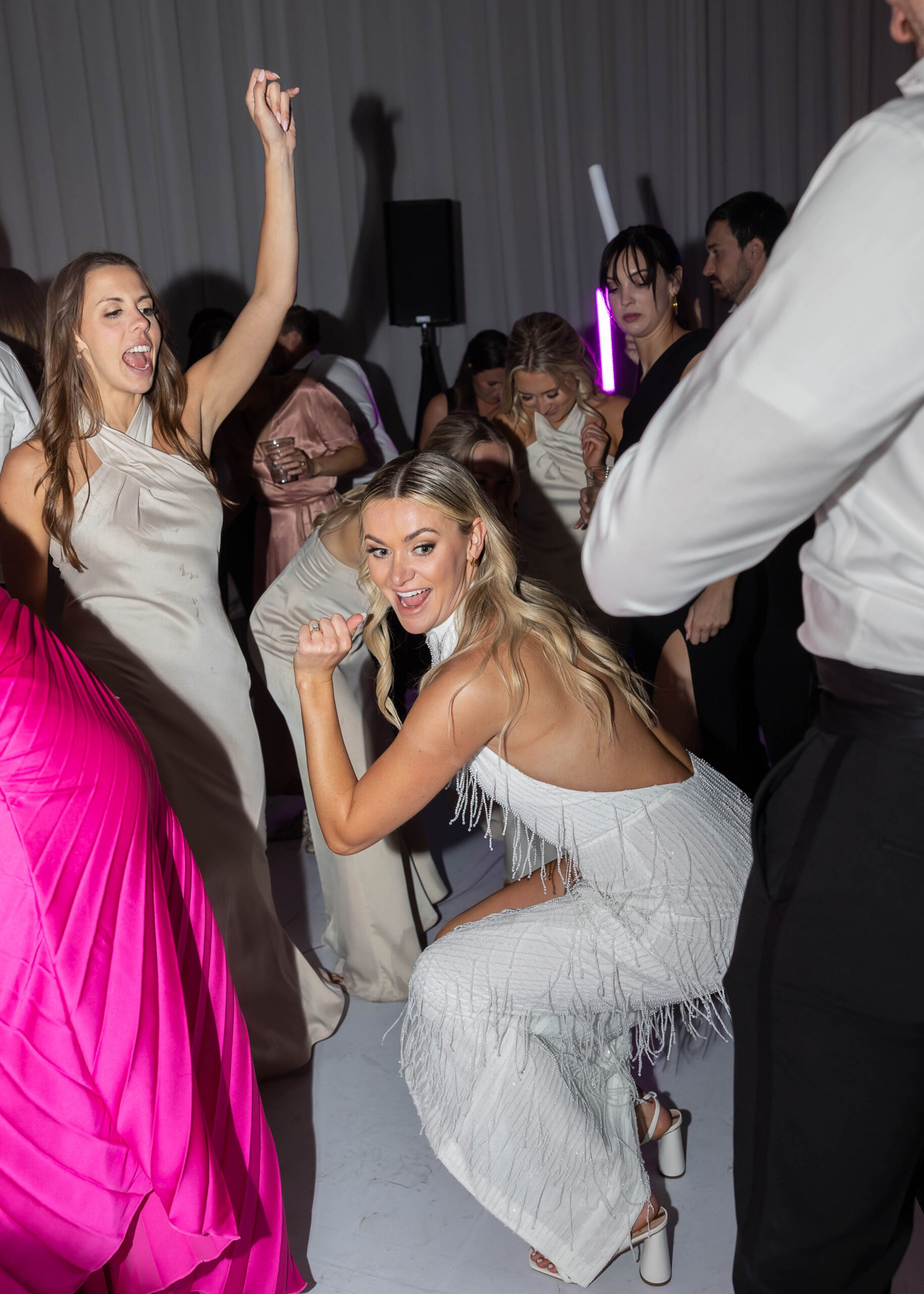 Bride’s second look with beaded party dress and saxophone grand entrance